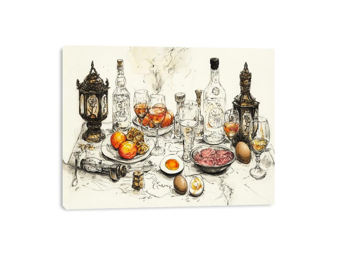 Vintage feast still life illustration with bottles and glassware