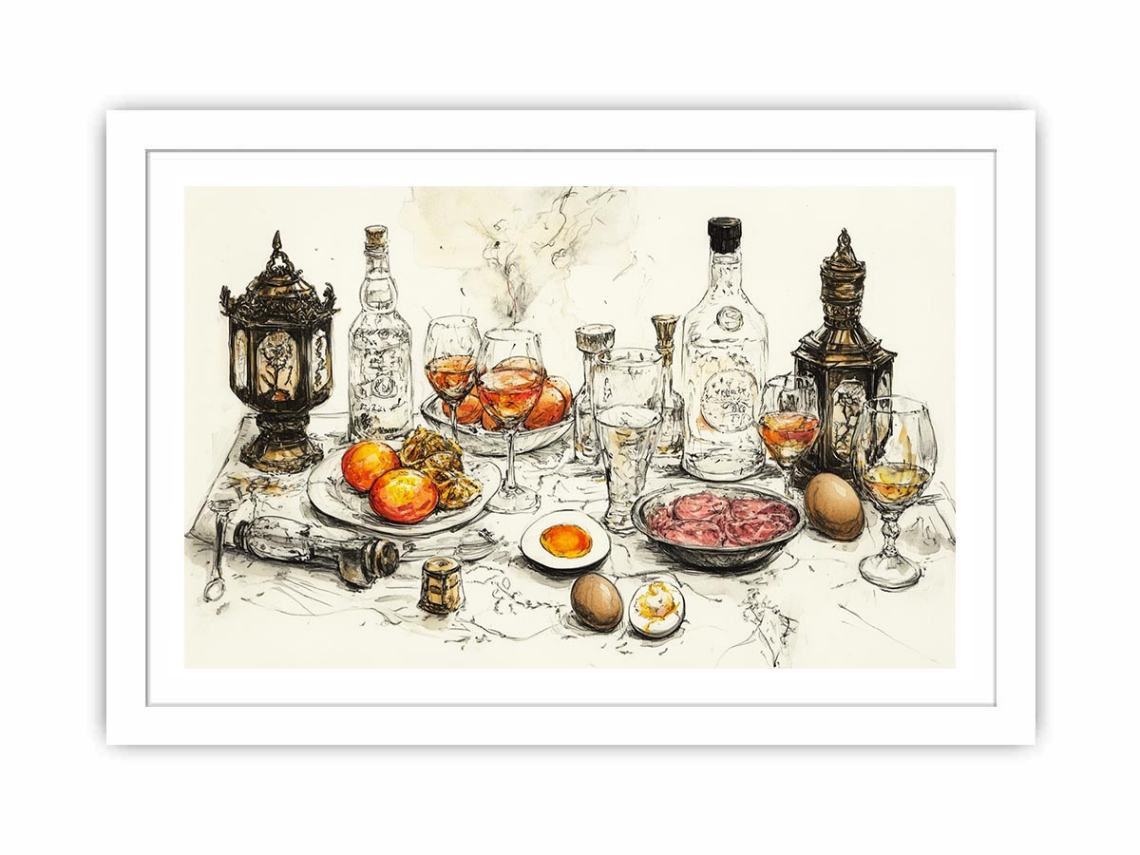 Vintage feast still life illustration with bottles and glassware