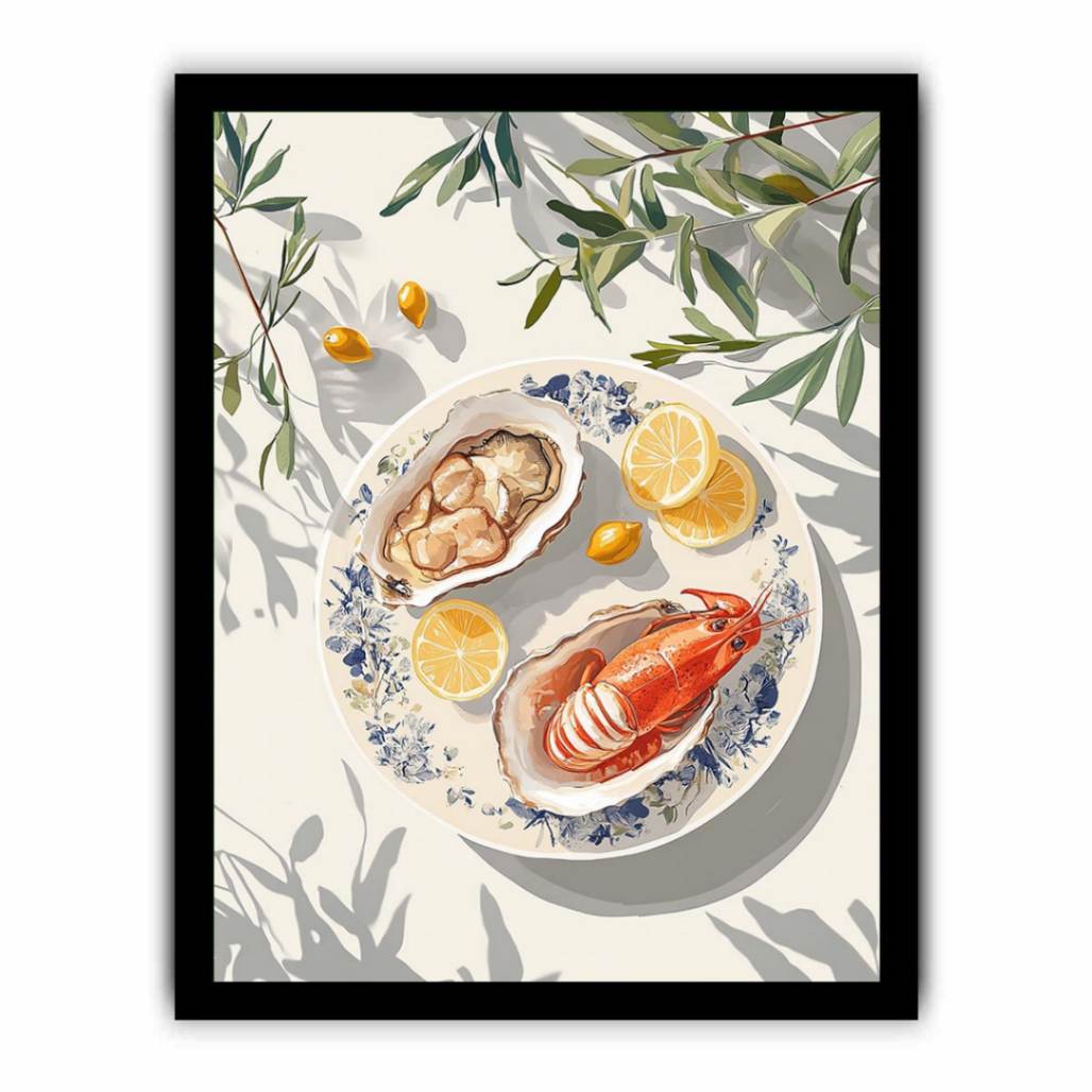 Coastal seafood illustration with lobster oysters and lemons