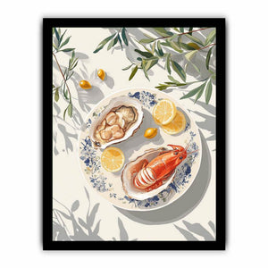 Coastal seafood illustration with lobster oysters and lemons
