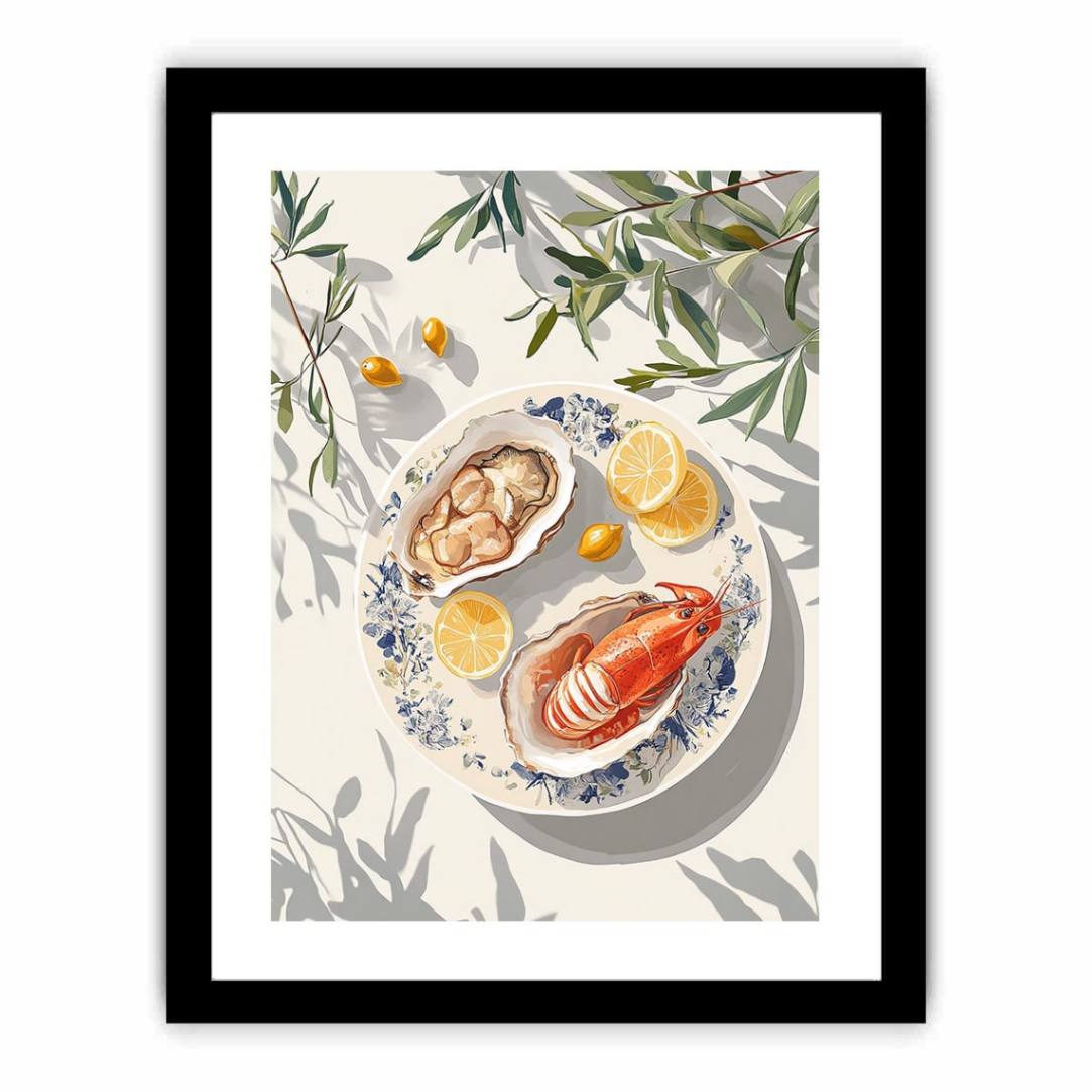 Coastal seafood illustration with lobster oysters and lemons