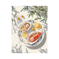 Coastal seafood illustration with lobster oysters and lemons