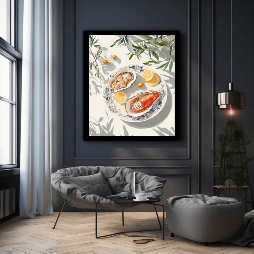 Coastal seafood illustration with lobster oysters and lemons