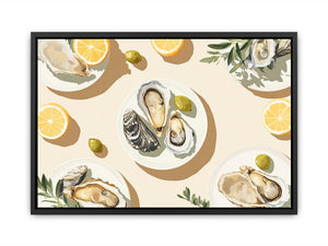 Elegant oyster still life artwork with lemon accents
