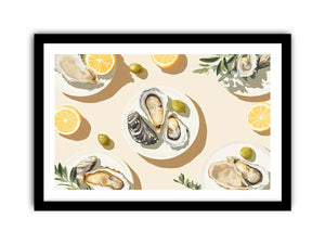 Elegant oyster still life artwork with lemon accents