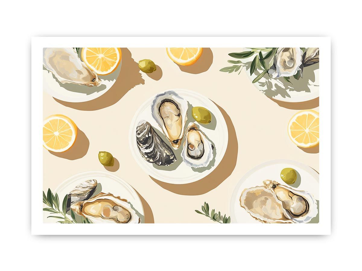 Elegant oyster still life artwork with lemon accents