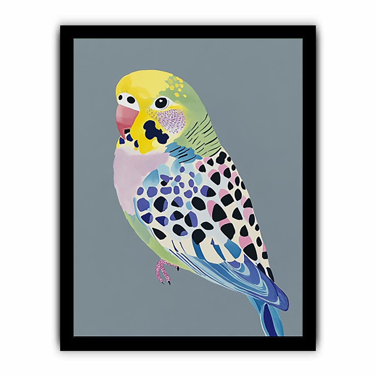 Colorful budgerigar illustration wall art for modern living room decor