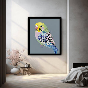 Colorful budgerigar illustration wall art for modern living room decor