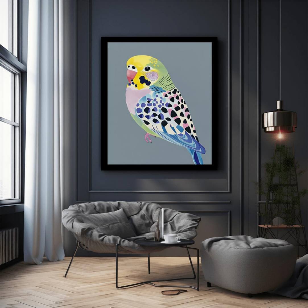 Colorful budgerigar illustration wall art for modern living room decor