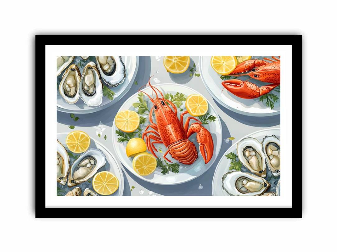 Lobster and oyster coastal artwork for dining room wall decor
