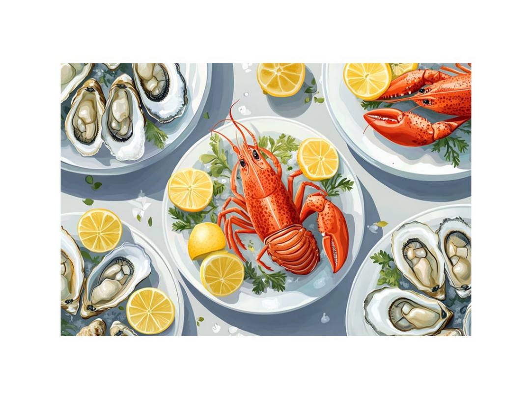 Lobster and oyster coastal artwork for dining room wall decor