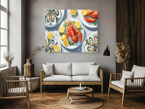 Lobster and oyster coastal artwork for dining room wall decor