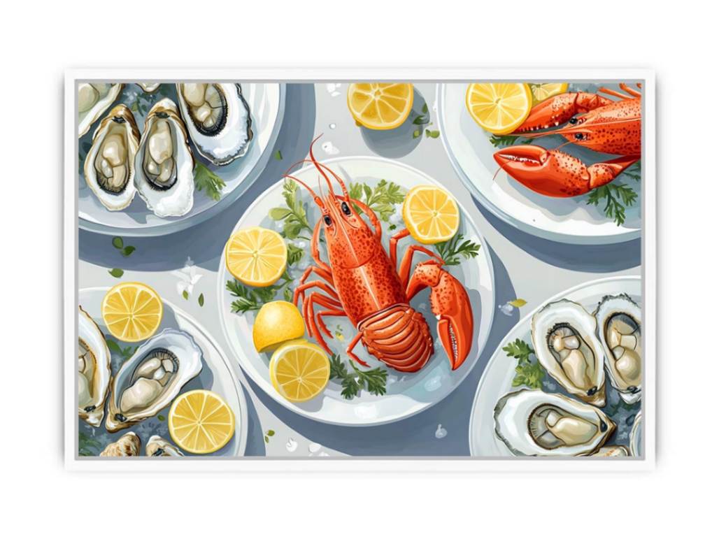 Lobster and oyster coastal artwork for dining room wall decor