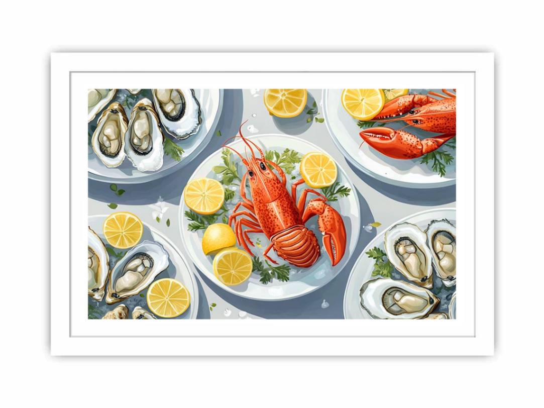 Lobster and oyster coastal artwork for dining room wall decor