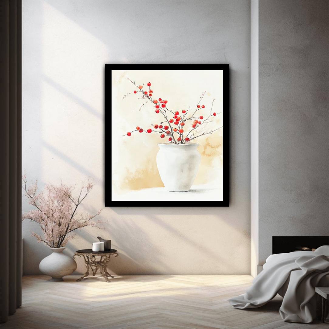 Minimalist berry branch vase artwork for Japandi interior decor