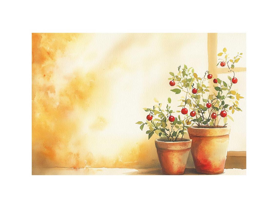 Red berry plants in terracotta pots watercolor canvas for warm kitchen or dining room decor.