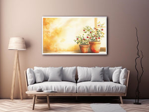Red berry plants in terracotta pots watercolor canvas for warm kitchen or dining room decor.