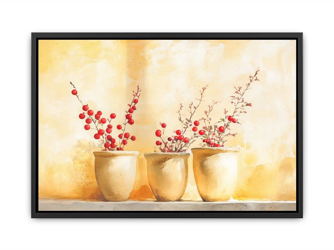 Red berry branches in ceramic pots watercolor still life for warm farmhouse kitchen decor.
