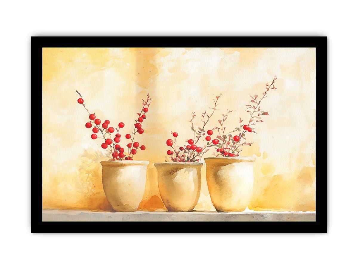 Red berry branches in ceramic pots watercolor still life for warm farmhouse kitchen decor.
