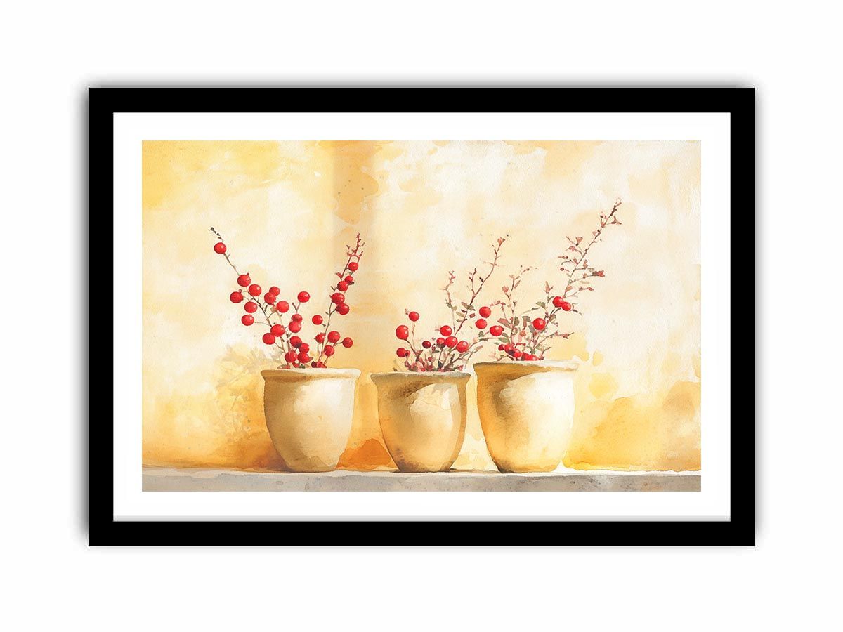 Red berry branches in ceramic pots watercolor still life for warm farmhouse kitchen decor.