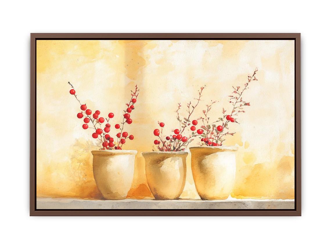 Red berry branches in ceramic pots watercolor still life for warm farmhouse kitchen decor.