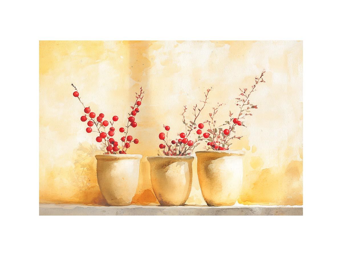 Red berry branches in ceramic pots watercolor still life for warm farmhouse kitchen decor.