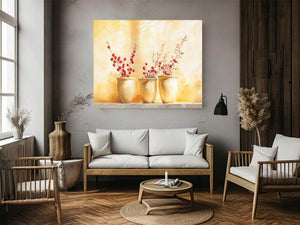 Red berry branches in ceramic pots watercolor still life for warm farmhouse kitchen decor.