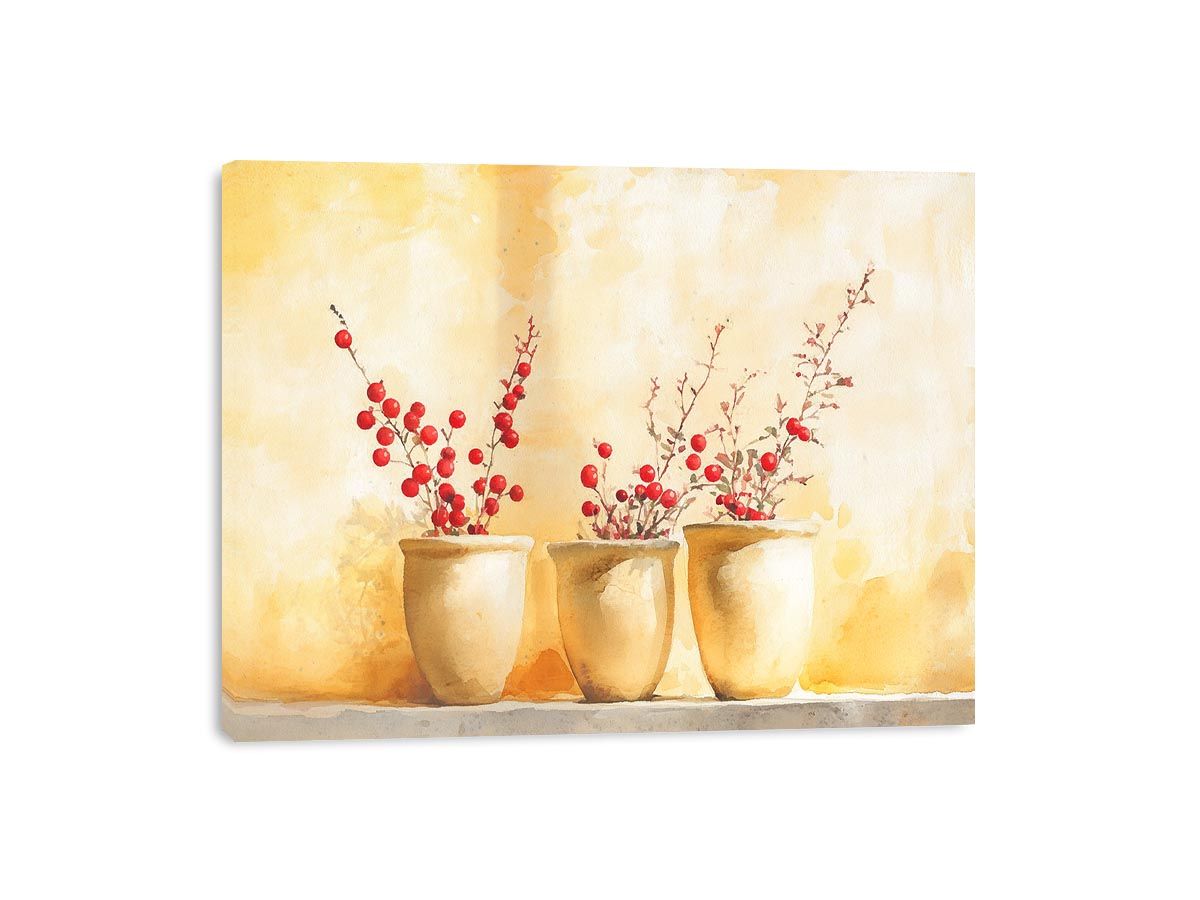 Red berry branches in ceramic pots watercolor still life for warm farmhouse kitchen decor.