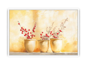 Red berry branches in ceramic pots watercolor still life for warm farmhouse kitchen decor.