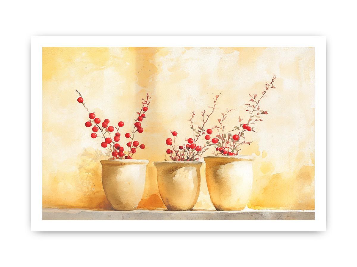 Red berry branches in ceramic pots watercolor still life for warm farmhouse kitchen decor.