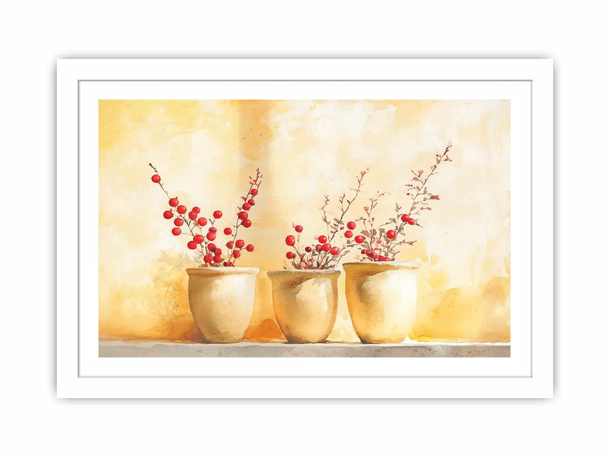 Red berry branches in ceramic pots watercolor still life for warm farmhouse kitchen decor.