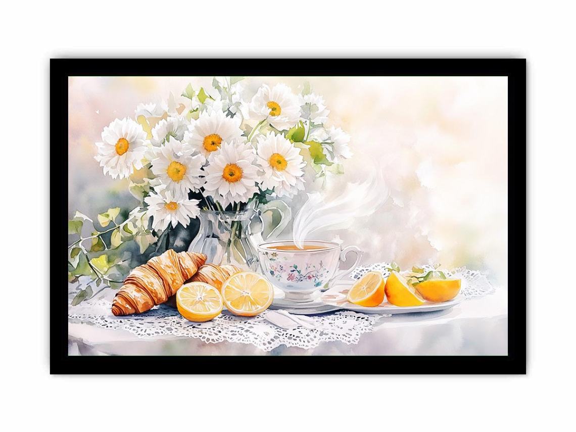 Watercolor daisies, lemons, teacup and croissants canvas for bright kitchen decor.