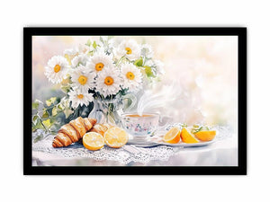 Watercolor daisies, lemons, teacup and croissants canvas for bright kitchen decor.
