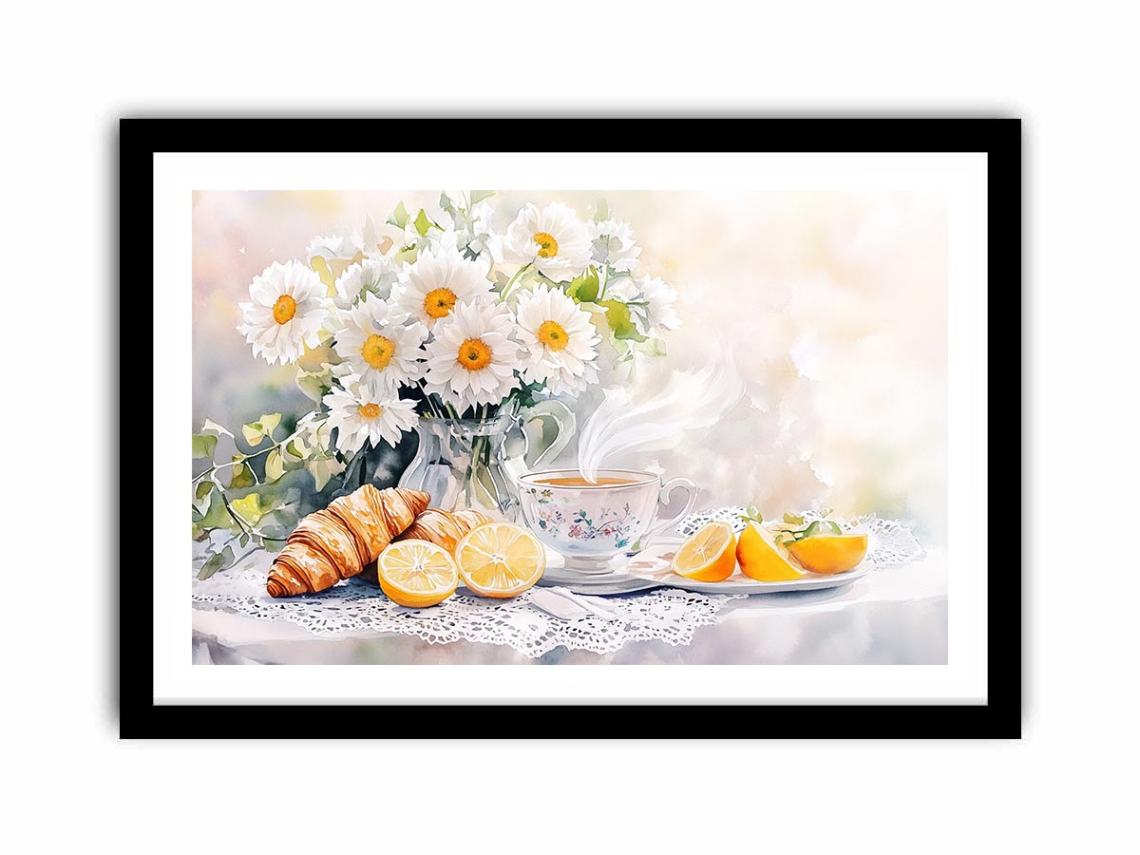 Watercolor daisies, lemons, teacup and croissants canvas for bright kitchen decor.