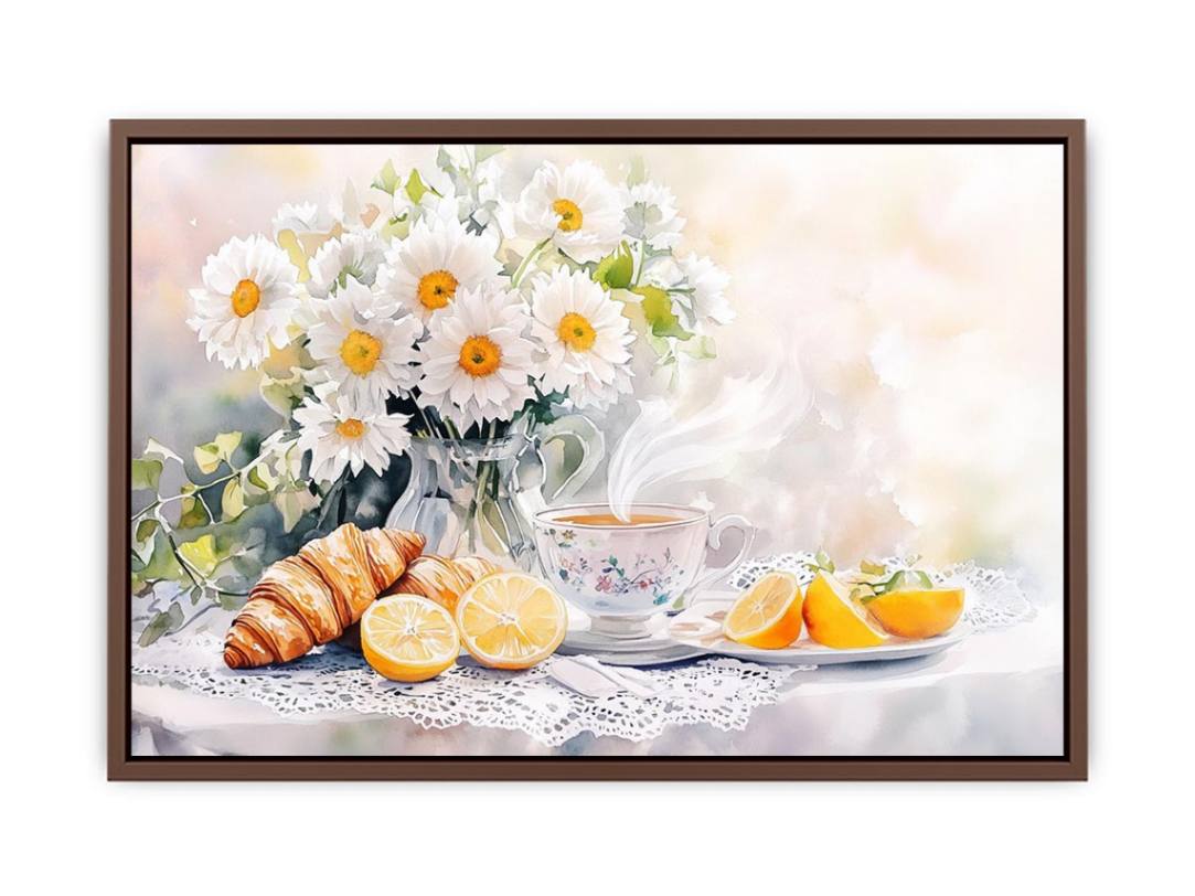 Watercolor daisies, lemons, teacup and croissants canvas for bright kitchen decor.