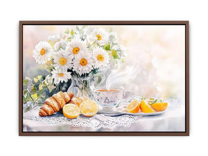 Watercolor daisies, lemons, teacup and croissants canvas for bright kitchen decor.