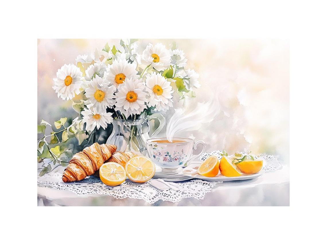Watercolor daisies, lemons, teacup and croissants canvas for bright kitchen decor.