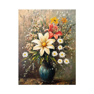 Textured floral bouquet with lily, daisies and blue vase canvas for elegant living room decor.