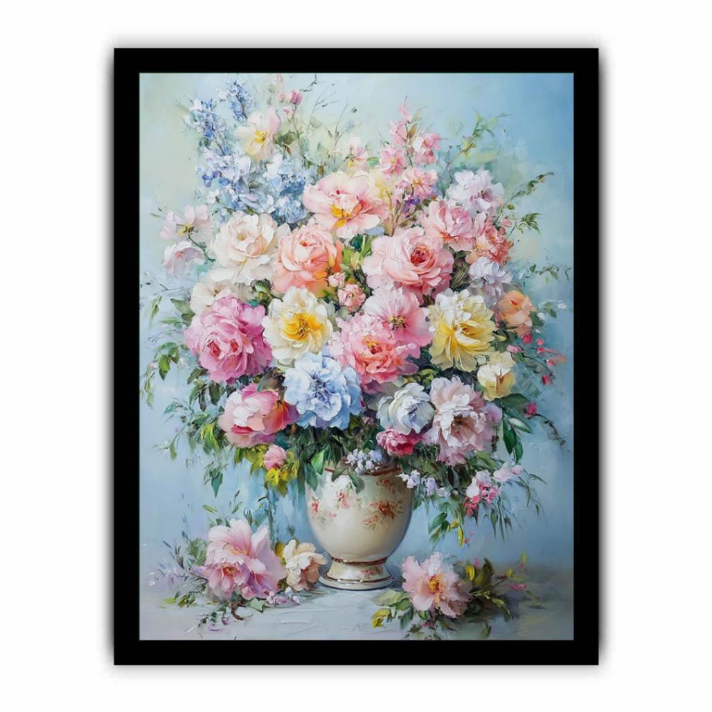 Pastel rose and peony floral canvas in ceramic vase for romantic bedroom decor.