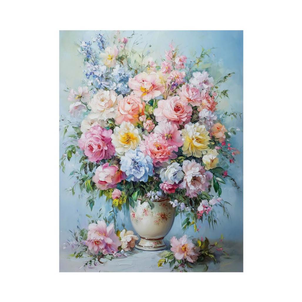 Pastel rose and peony floral canvas in ceramic vase for romantic bedroom decor.