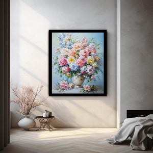 Pastel rose and peony floral canvas in ceramic vase for romantic bedroom decor.