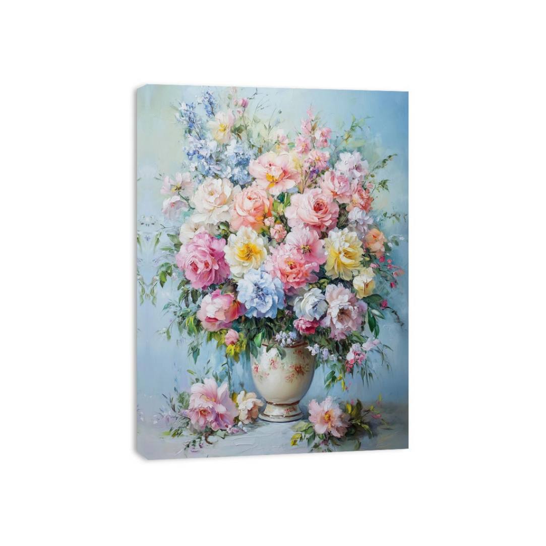 Pastel rose and peony floral canvas in ceramic vase for romantic bedroom decor.