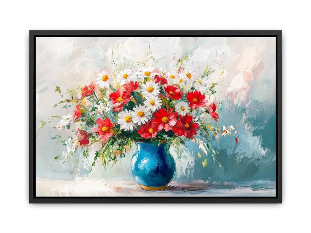 Bright red and white flower bouquet in blue vase canvas for modern living room decor.