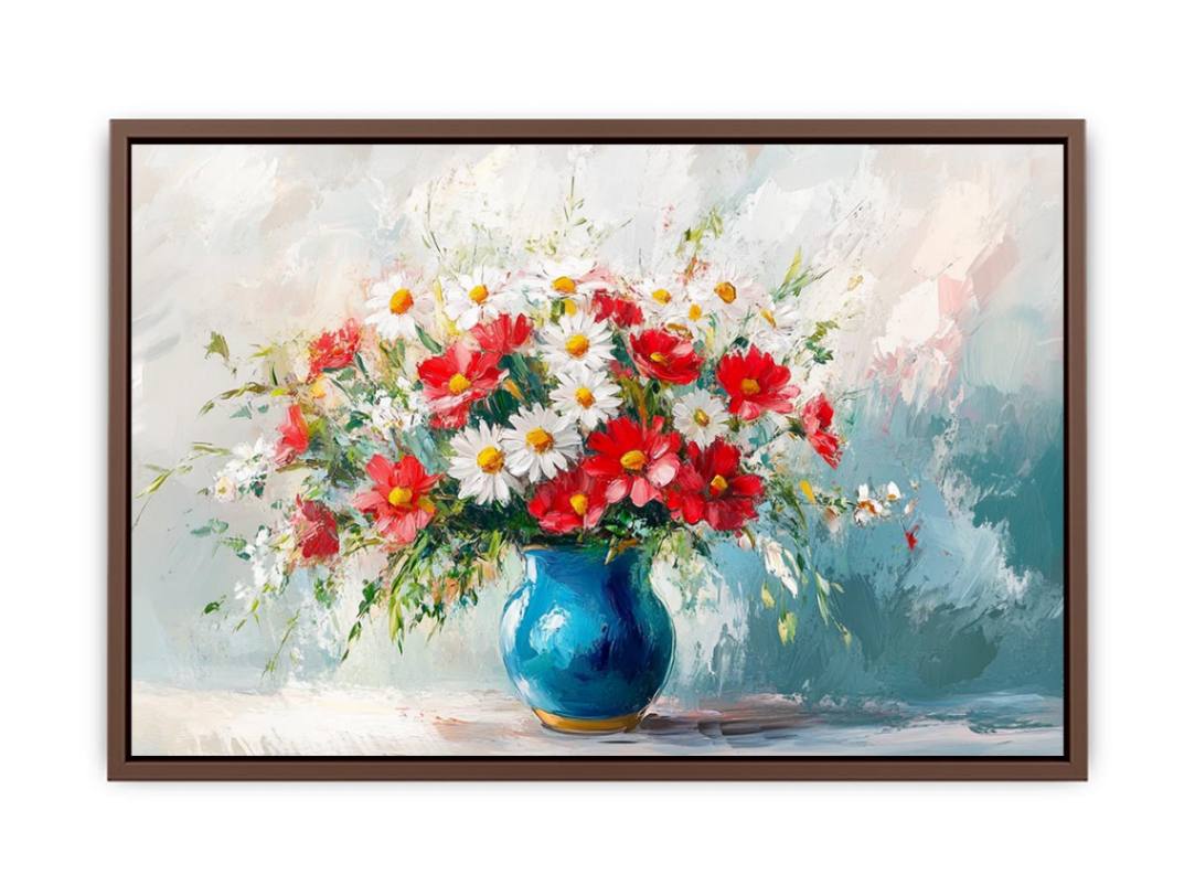 Bright red and white flower bouquet in blue vase canvas for modern living room decor.