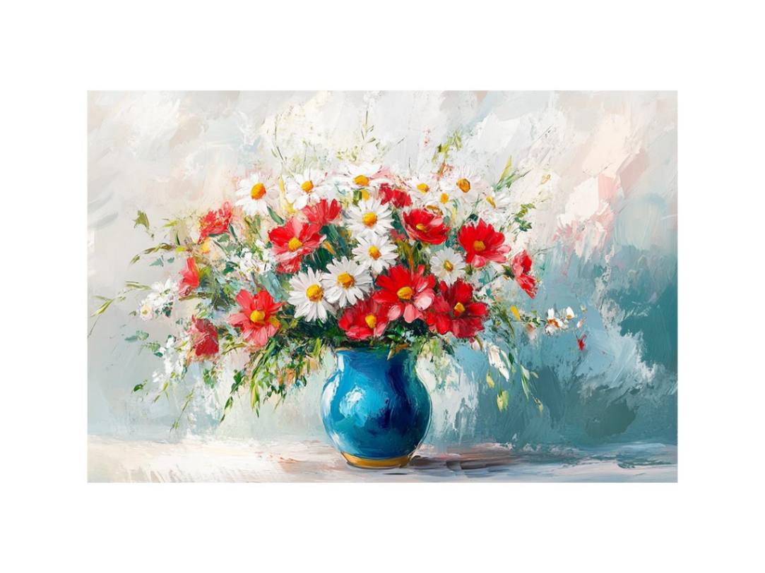 Bright red and white flower bouquet in blue vase canvas for modern living room decor.