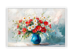 Bright red and white flower bouquet in blue vase canvas for modern living room decor.