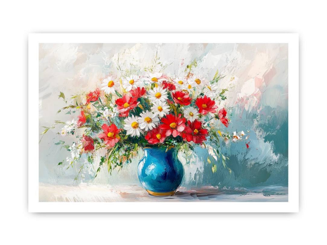 Bright red and white flower bouquet in blue vase canvas for modern living room decor.