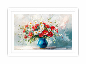 Bright red and white flower bouquet in blue vase canvas for modern living room decor.