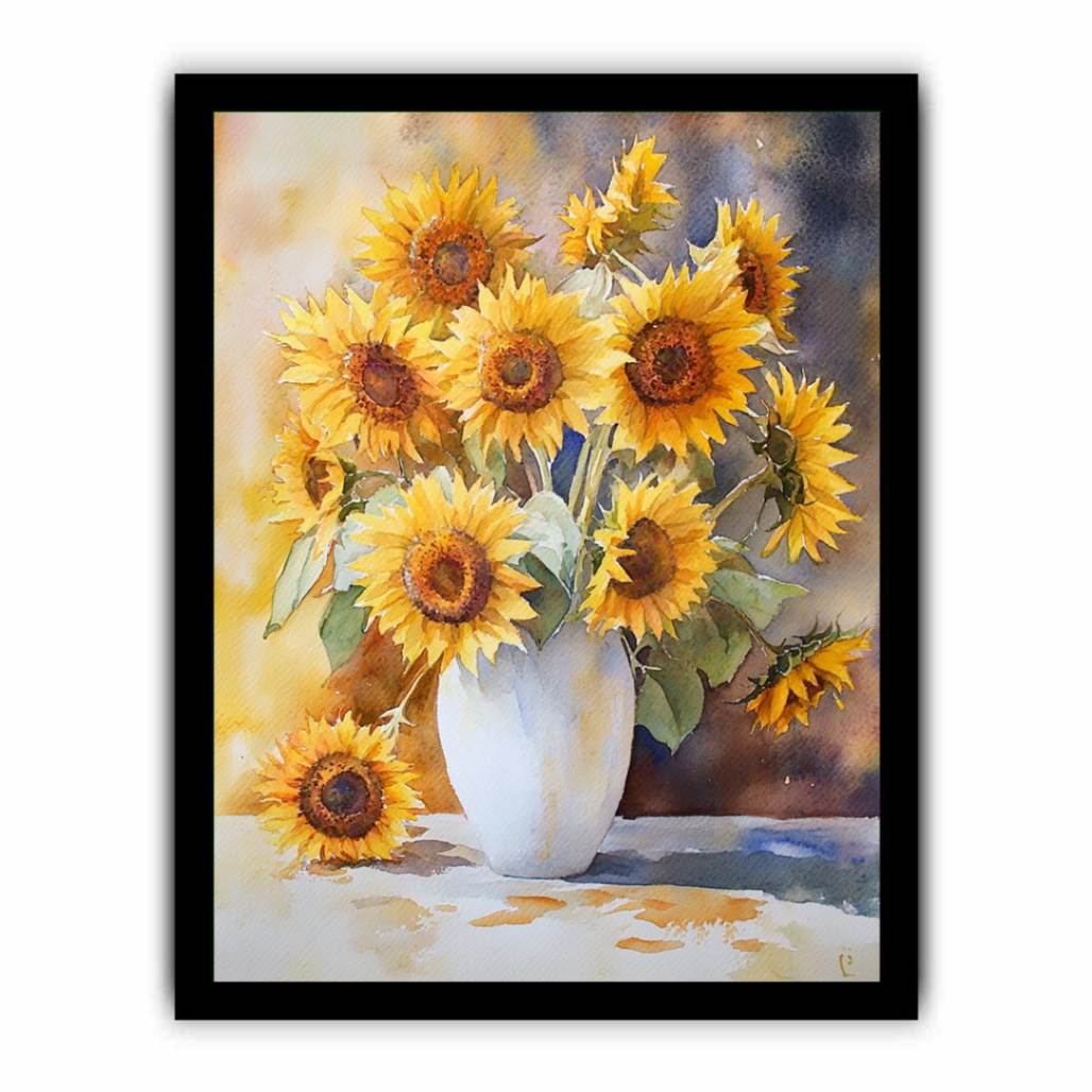 Watercolor sunflower bouquet in white vase canvas for warm farmhouse kitchen decor.