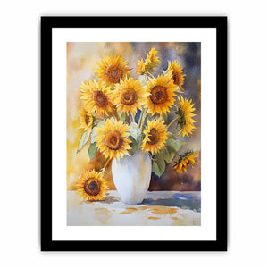 Watercolor sunflower bouquet in white vase canvas for warm farmhouse kitchen decor.
